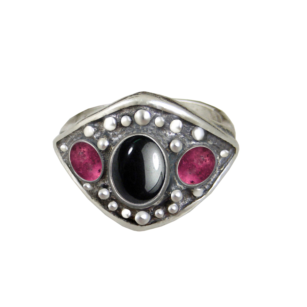 Sterling Silver Medieval Lady's Ring with Hematite And Pink Tourmaline Size 8